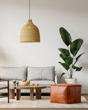 Japandi Interior Living Room with Cozy Sofa & Armchair, Light Furniture, Textured Rug, Indoor Plants...