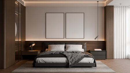 Frame poster mockup in a modern bedroom interior. 3D rendering, 3D illustration.