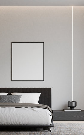 Modern Minimalist Bedroom Interior with Grey Bed, White Pillows, and Cozy Ambient Lighting - 3d Renderの写真素材