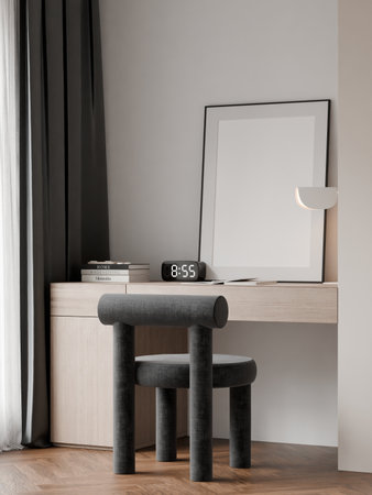 Modern Minimalist Home Office Interior with Wooden Desk, Modern Chairの写真素材