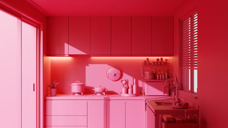 Minimalist Monochrome Kitchen Interior with a Modern and Cozy Mood, Featuring Cooking Utensils and Plantsの写真素材