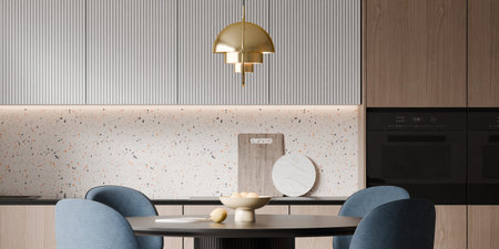 Modern Kitchen Interior with Scandinavian Furniture, Blue Dining Chairs, Terrazzo Backsplash, and...