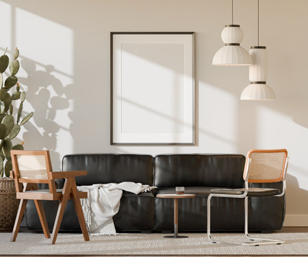 Frame poster mockup in a modern living room interior. 3D rendering, 3D illustrationの写真素材