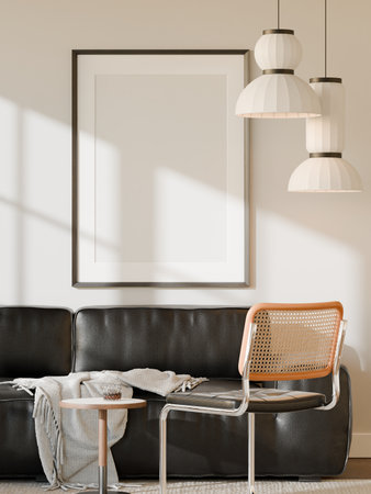 Frame poster mockup in a modern living room interior. 3D rendering, 3D illustrationの写真素材