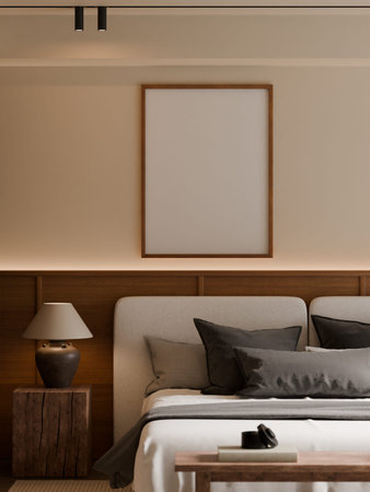 Modern Minimalist Bedroom Interior with Frame Poster Mockup - 3d Renderの写真素材