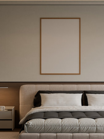 Modern Minimalist Bedroom Interior with Frame Poster Mockup - 3d Renderの写真素材