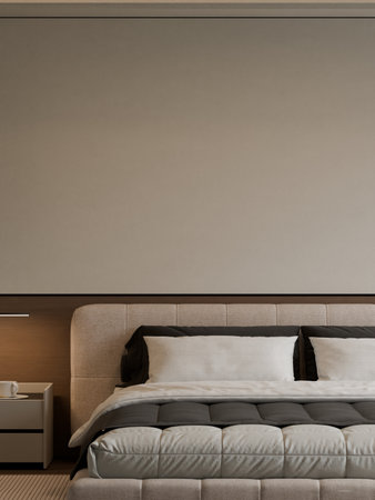 Modern Minimalist Bedroom Interior with Frame Poster Mockup - 3d Renderの写真素材