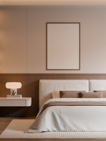 Modern Minimalist Bedroom Interior with Frame Poster Mockup - 3d Renderの写真素材