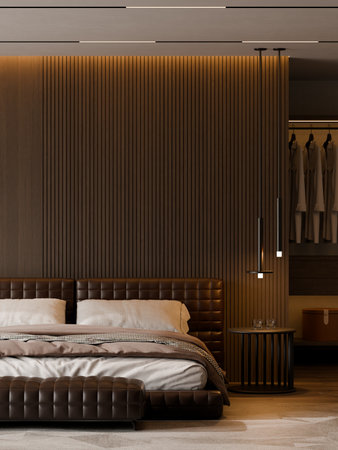 Modern Minimalist Bedroom Interior with Frame Poster Mockup - 3d Renderの写真素材