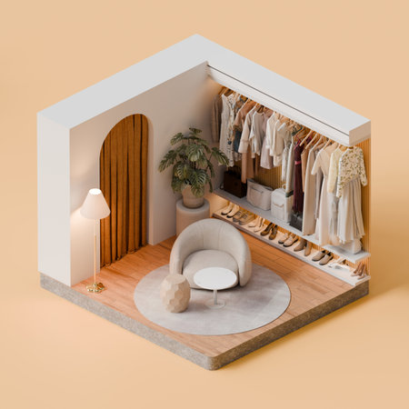 Isometric Modern Fashion Boutique Interior with Clothing Racks and Wardrobe - 3d Renderの写真素材