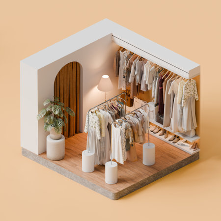 Isometric Modern Fashion Boutique Interior with Clothing Racks and Wardrobe - 3d Renderの写真素材