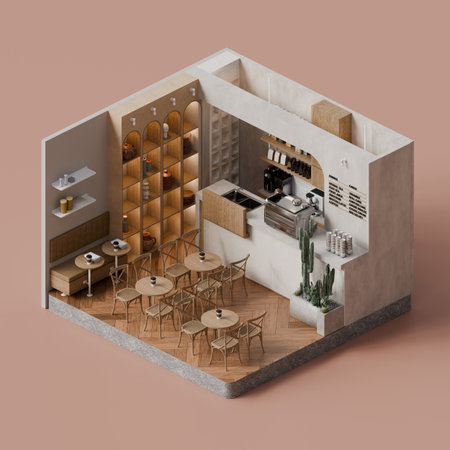 Isometric Minimal Coffee Shop Interior with Wooden Furniture and Warm Pastel Tones - 3D Renderの写真素材