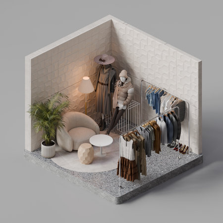 Isometric Modern Minimalist Fashion Clothing Store Interior - 3d Renderの写真素材