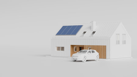 Modern Eco Home with Solar Panels and Electric Car Charging - 3d Renderの写真素材
