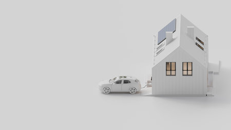 Modern Eco Home with Solar Panels and Electric Car Charging - 3d Renderの写真素材