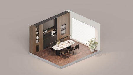 Modern Dining Room and Kitchen with Dark Wood Cabinets and Marble Island - 3d Renderの写真素材