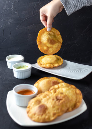 Girl's hands with empanada typical food from Venezuela adding gasacaca sauce, trio sauce, woodwn...