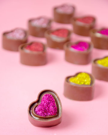 Chocolate bonbons in the shape of  hearts. Pink plain background.