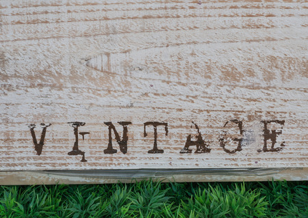 Vintage word on the wooden signboard with fake grass on the bottomの写真素材