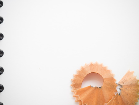 Sketch book with shavings from pencil at the corner, empty space for text and pictureの写真素材