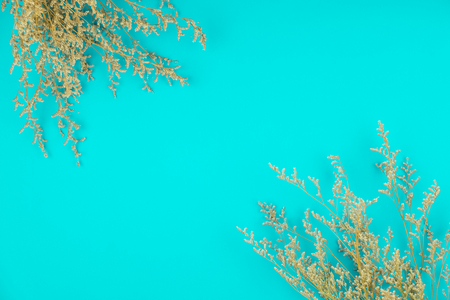 Top view of cute white caspia bouquet flower on teal color backgroundの写真素材