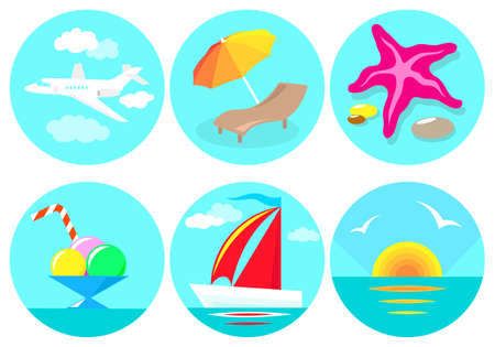Set of 6 round icons on a blue background about rest and vacationsのイラスト素材