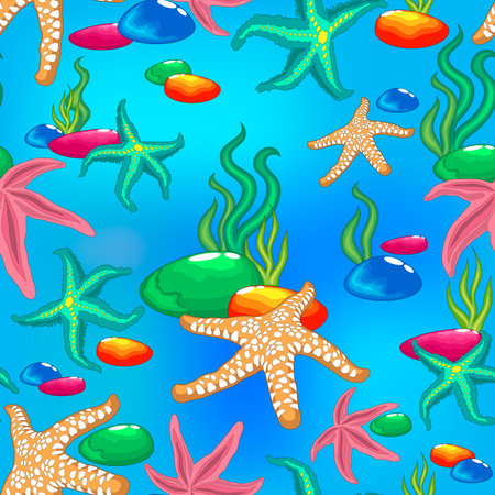 seamless pattern with starfish, seaweed and underwater stones on a blue background