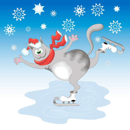 cartoon gray cat in a red hat and scarf is skating on a winter ice rinkのイラスト素材