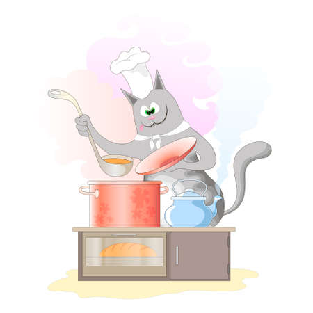 cartoon gray cat chef preparing a delicious dish in the kitchen with ovenのイラスト素材