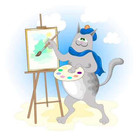 Cartoon gray cat stands at the easel and paints a picture with a brush and paintsのイラスト素材