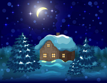 Winter landscape with a house and fir trees against the background of the night starry skyのイラスト素材