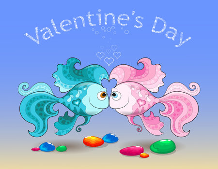 Valentine's Day greeting card with couple of cartoon fish in love on underwater backgroundのイラスト素材