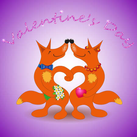 Valentine's Day humorous card with a pair of red foxes in love on a light purple backgroundのイラスト素材