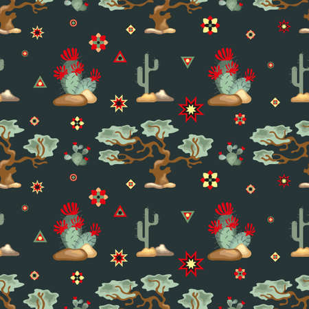 Seamless pattern on a dark background with cacti, shrubs and geometric decorative elementsのイラスト素材