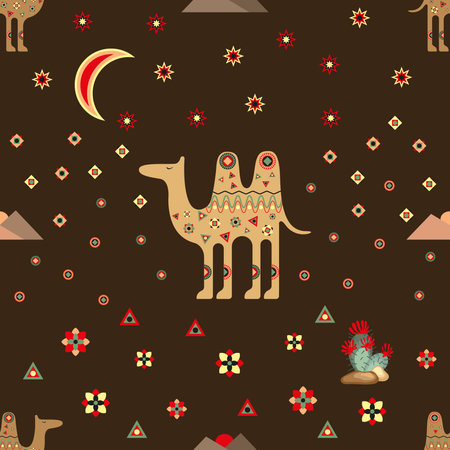 Seamless pattern with camels in oriental style on a dark background with the moon, cactus and small decorative elementsのイラスト素材