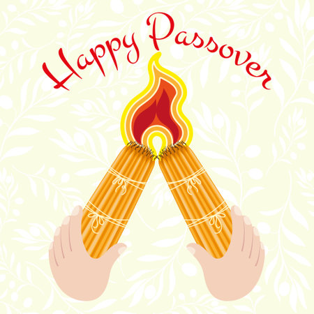 Passover card with two bunches of traditional burning candles on a light background with olive branchesのイラスト素材