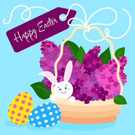Easter holiday basket with lilac branches, bunny and Easter eggs on a plain blue background