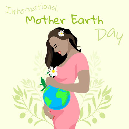 The figure of a pregnant swarthy woman with a globe on a light background with olive branches for Mother Earth Dayのイラスト素材