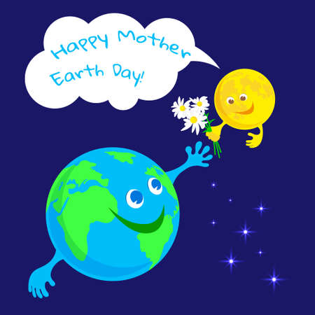 Cartoon Moon with a bouquet and congratulations for the Earth on Mother Earth Day against the background of the starry skyのイラスト素材