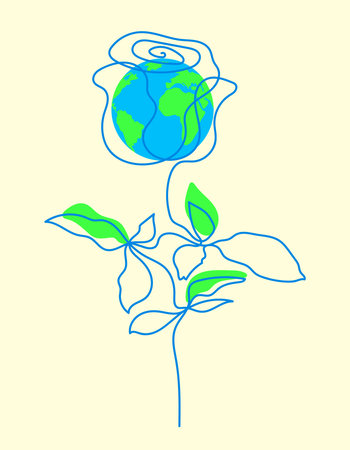 The globe and the contour of a rose, united by a continuous line on a light backgroundのイラスト素材