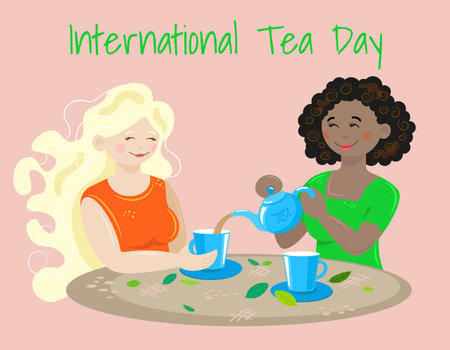 Two women of different nationalities celebrate International Tea Day togetherのイラスト素材