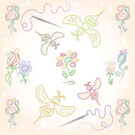 Bees and flowers embroidered with needles and threads on a light backgroundのイラスト素材