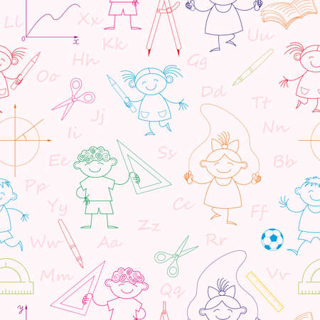 Seamless pattern with school supplies and happy schoolchildren on a light backgroundのイラスト素材
