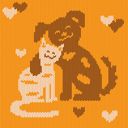 Seamless pattern with friendly dog and cat in orange-brown tones imitating knitted fabricのイラスト素材