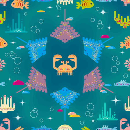 Seamless pattern with underwater inhabitants and elements of flora on a dark emerald background with bubbles and pebblesのイラスト素材