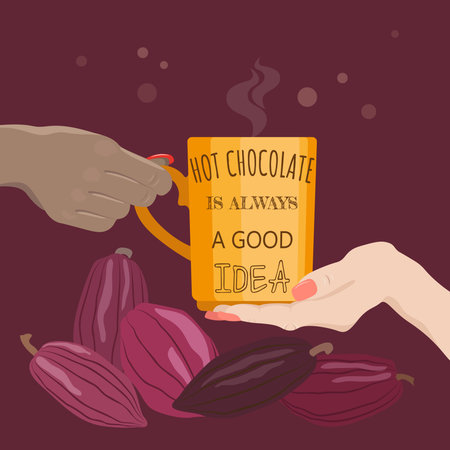 Cup with hot chocolate in hands on a dark background with cocoa beansのイラスト素材