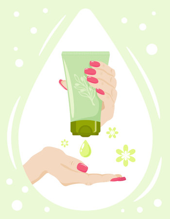 Two hands with a tube of skin care products on the background of a white drop with design elements in olive tonesのイラスト素材