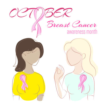 Two women with pink ribbons in contours on a white background and an inscription for Breast Cancer Awareness Monthのイラスト素材