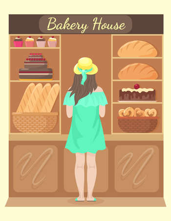 A girl in a light green dress chooses bread and pastries in front of a showcase in a bakeryのイラスト素材