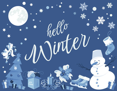 Hello winter card with traditional elements of winter holidays and vacations on dark blue background with moon, stars and snowflakesのイラスト素材